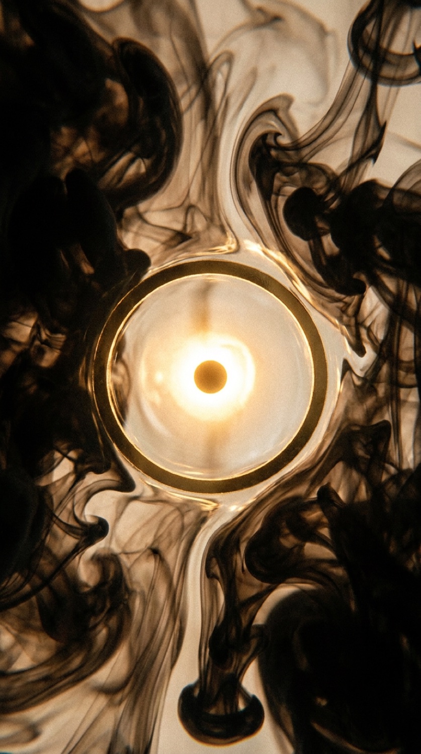 Encre noire en suspension autour d'un cercle de lumière cerclé d'or