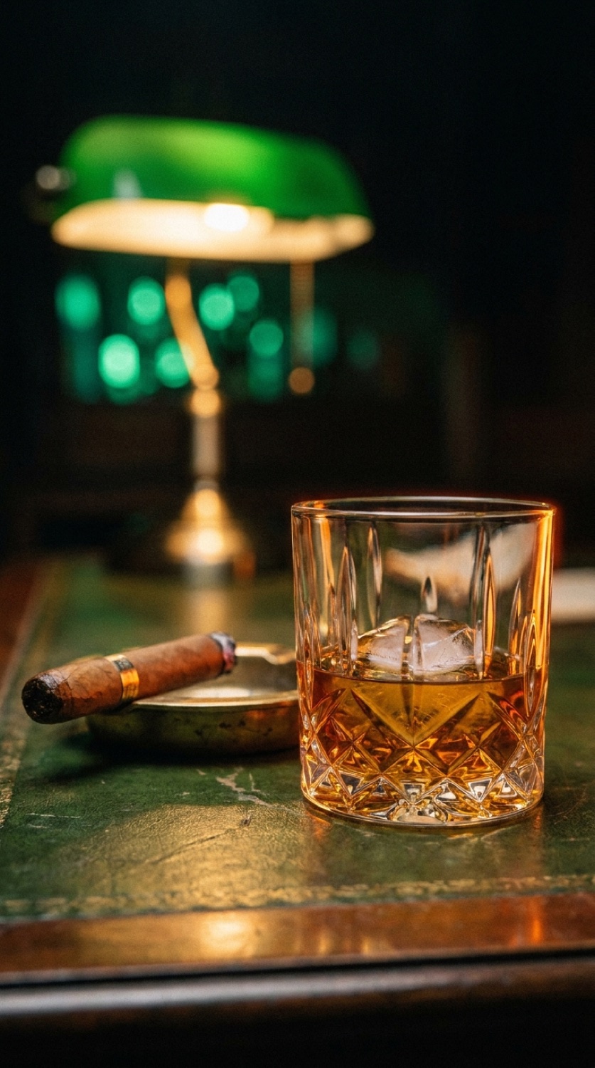 Verre de whisky et cigare sous une lampe de banquier à abat-jour vert
