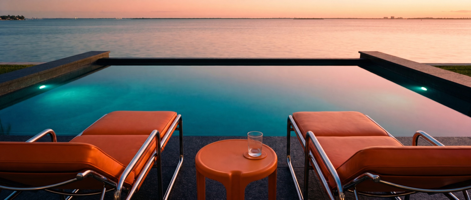 Piscine à débordement face à la mer au crépuscule, transats de cuir